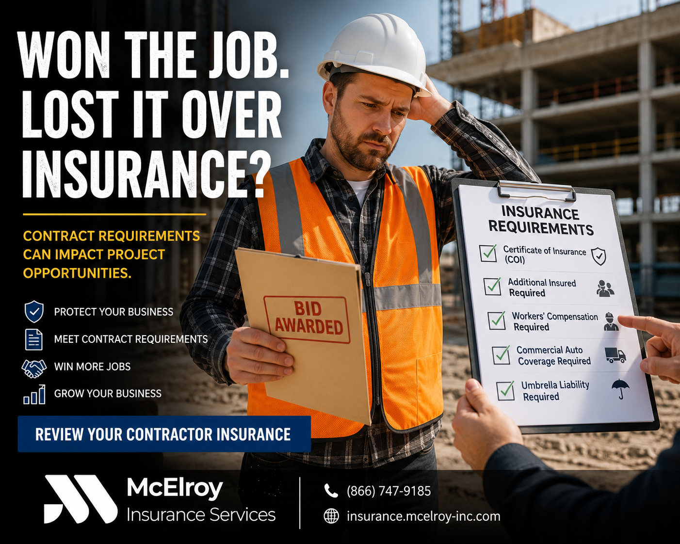 Contractor reviewing insurance requirements after winning a commercial construction project, highlighting Certificates of Insurance, Additional Insured requirements, Workers' Compensation, and liability coverage needed to secure larger jobs.