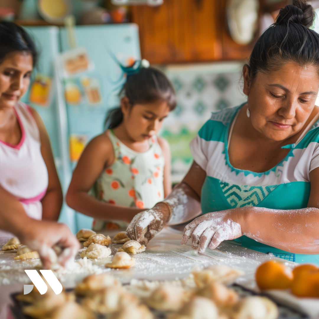 Home-based food business owner preparing baked goods in a residential kitchen while family members assist, illustrating a common home-based business insurance exposure.