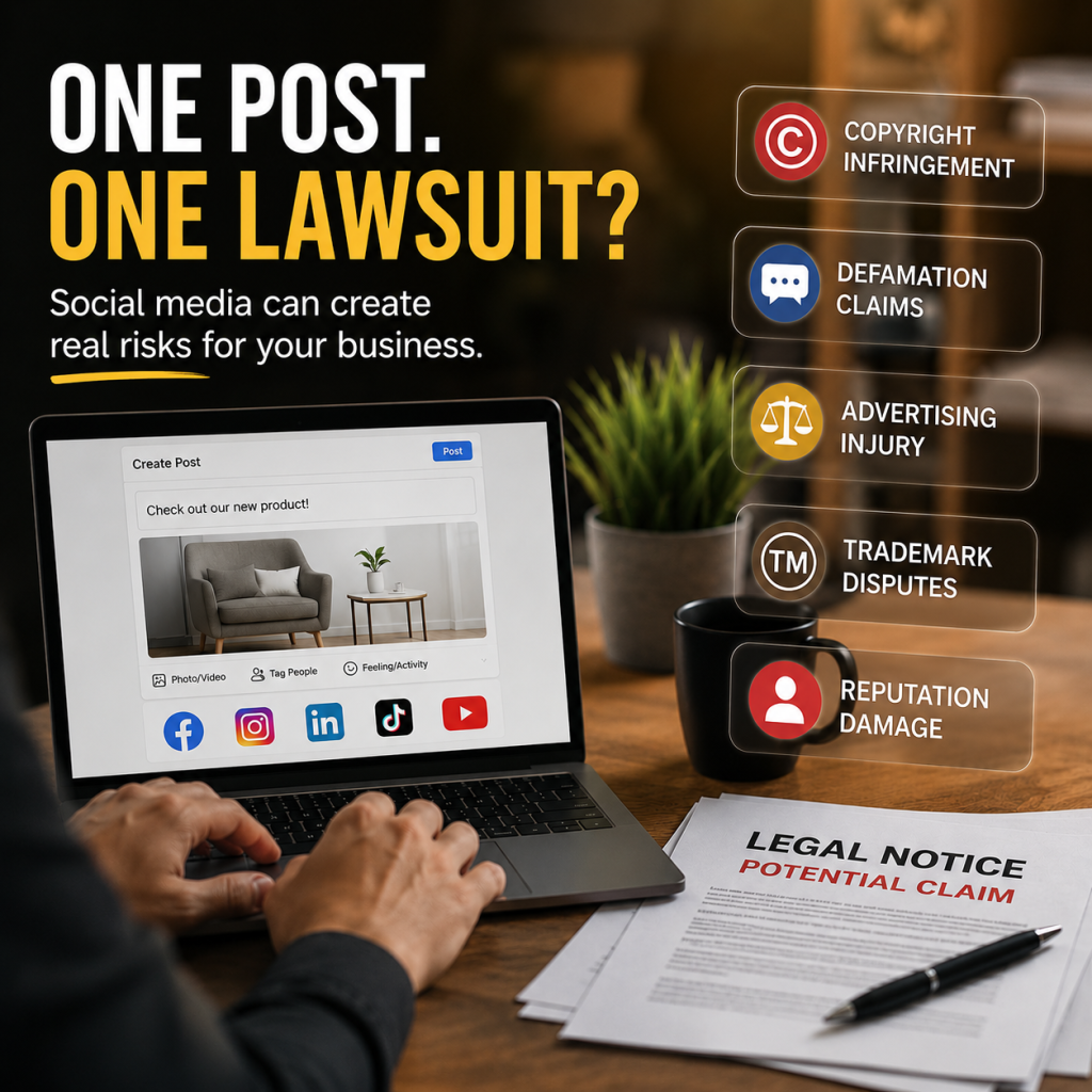 Business owner creating a social media post on a laptop while legal risk icons highlight copyright infringement, defamation claims, advertising injury, trademark disputes, and reputation damage.