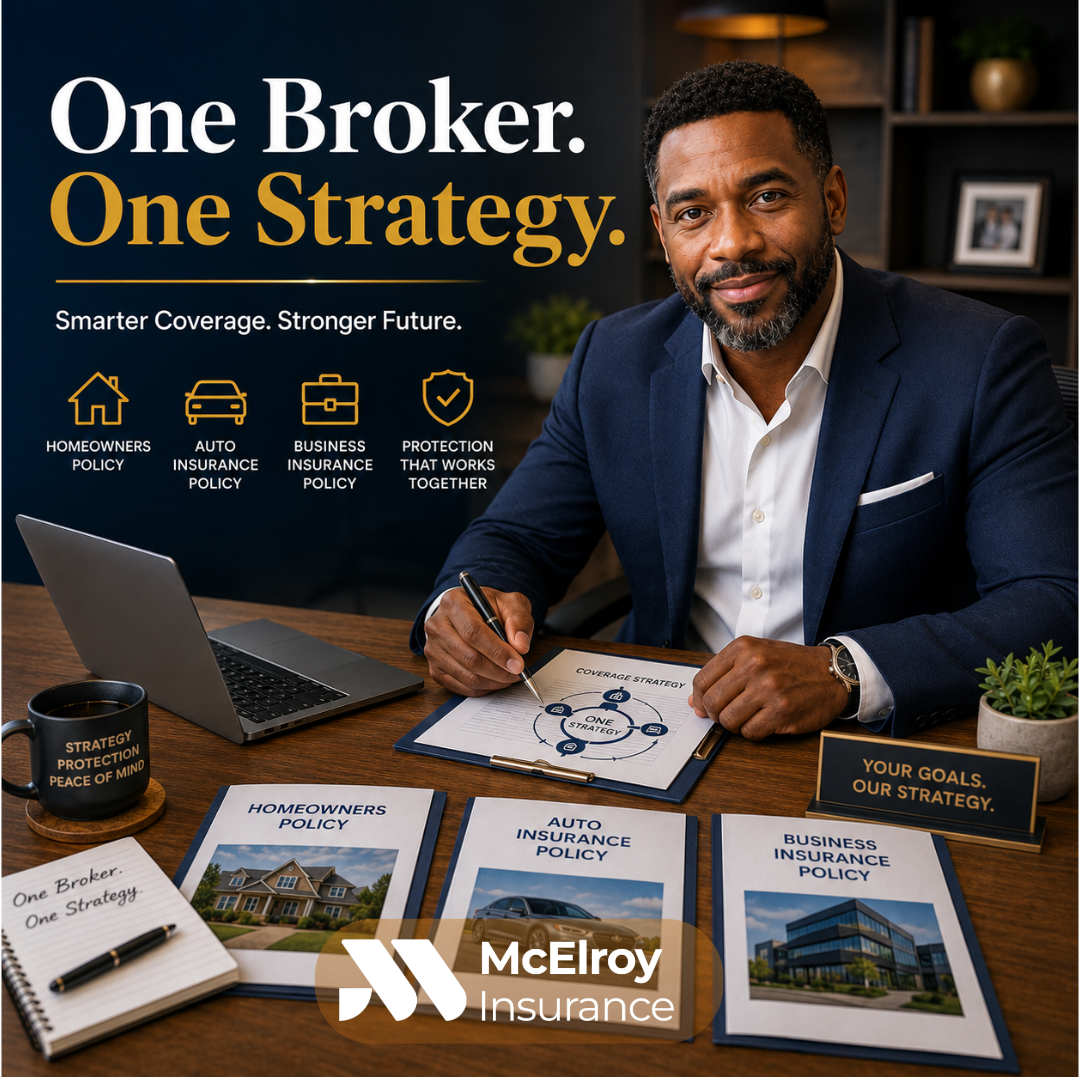 Professional African American insurance broker in his early 40s reviewing homeowners, auto, and business insurance policies at a desk with the headline "One Broker. One Strategy."