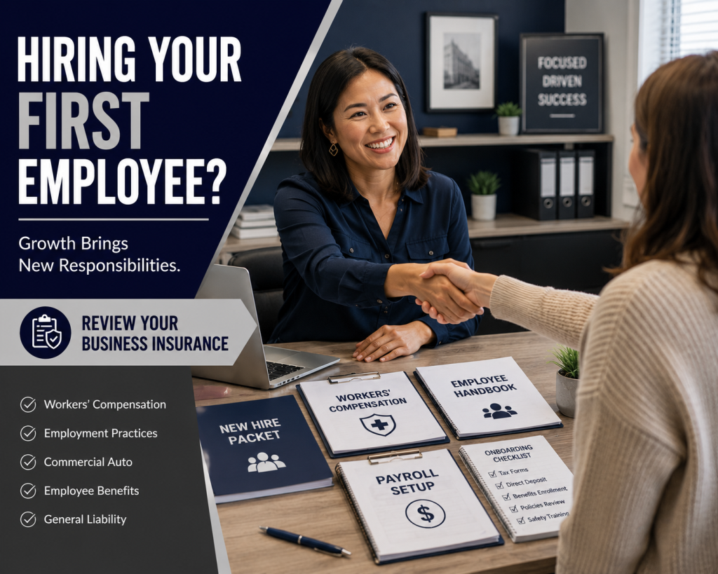 Small business owner interviewing and hiring a new employee in a professional office setting while reviewing onboarding documents, workers' compensation paperwork, payroll setup forms, and employee handbook materials.