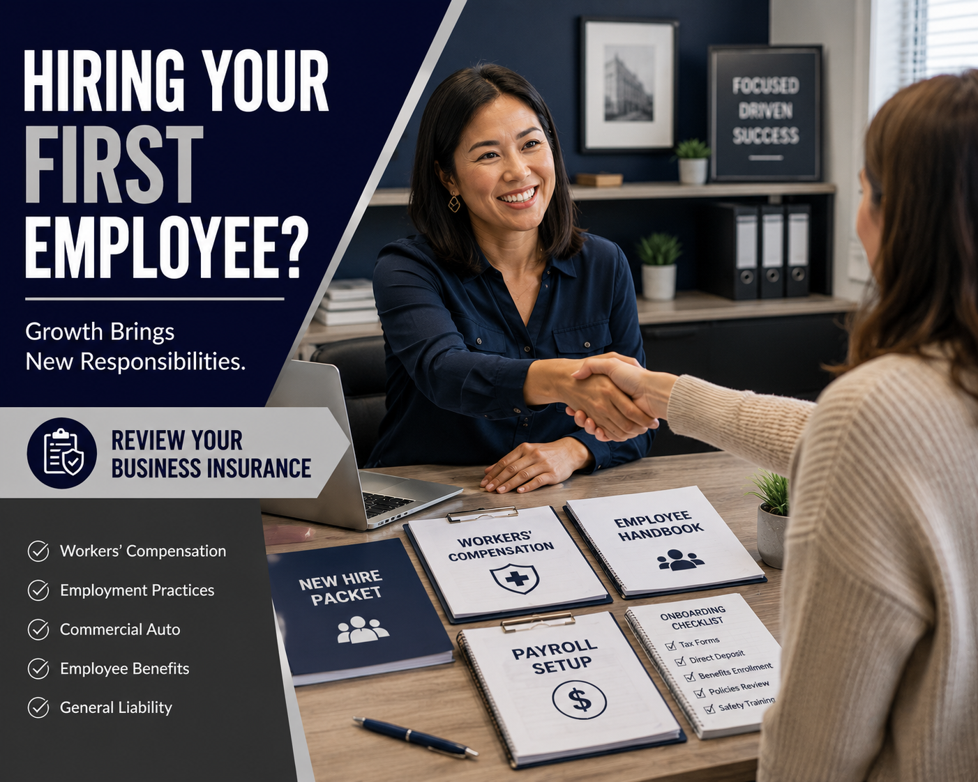 Small business owner interviewing and hiring a new employee in a professional office setting while reviewing onboarding documents, workers' compensation paperwork, payroll setup forms, and employee handbook materials.