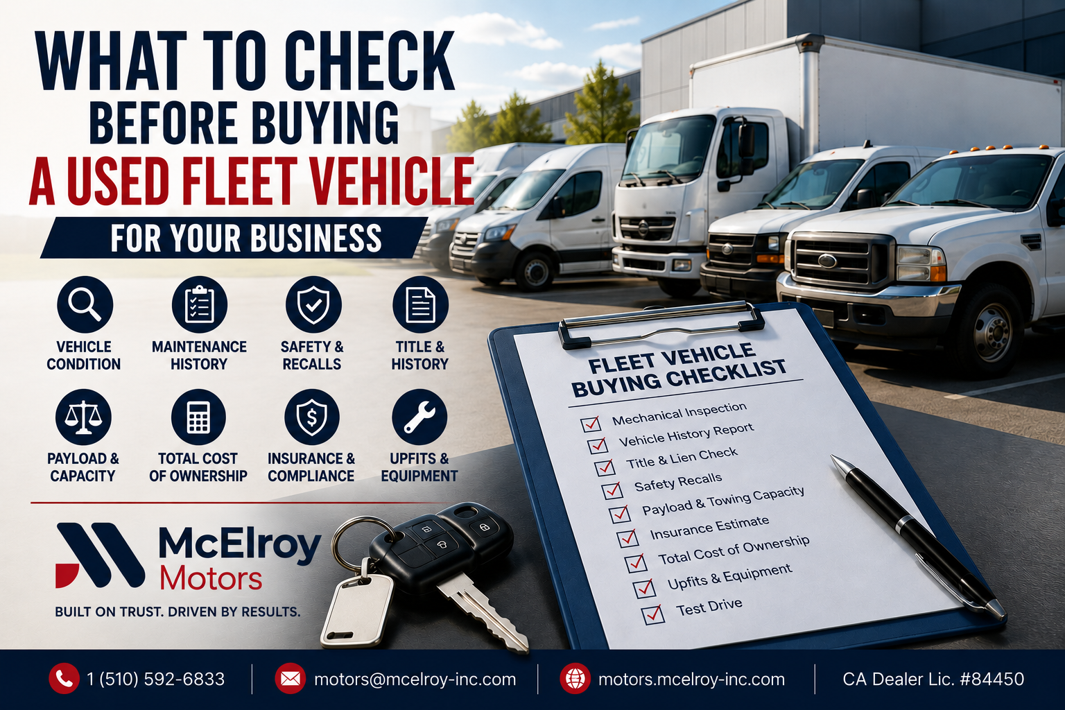 Used commercial vans, trucks, and a fleet buying checklist showing key items to review before purchasing a business vehicle.