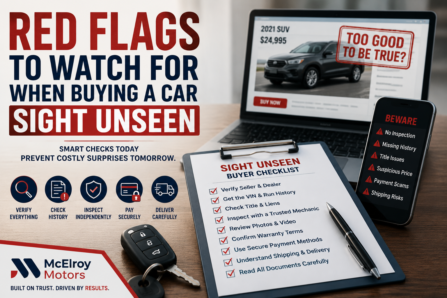 Laptop showing an online vehicle listing beside a sight-unseen car buying checklist, smartphone warnings, and vehicle keys.