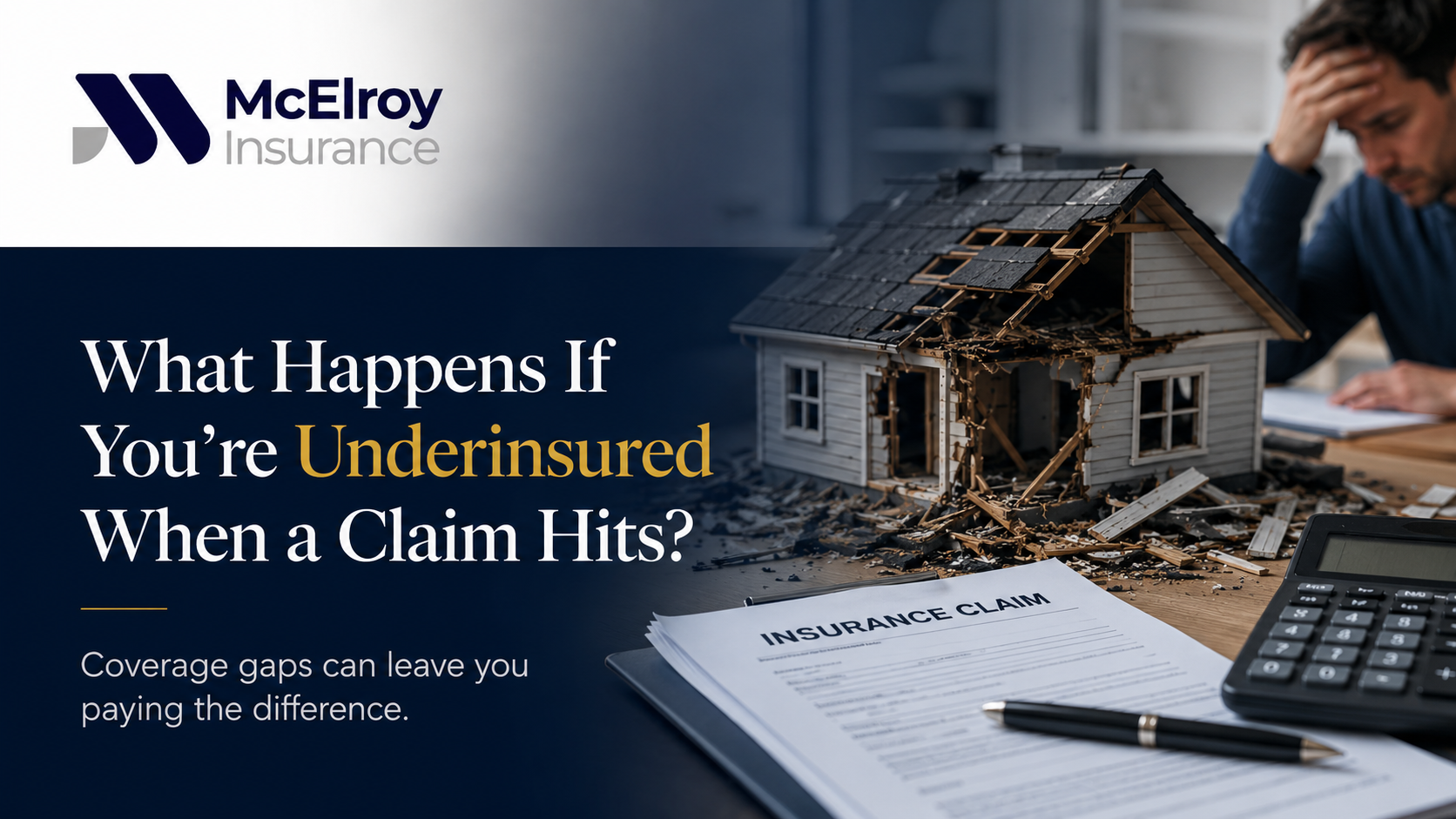 Damaged house model beside an insurance claim form illustrating the financial impact of being underinsured.
